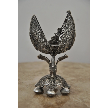 Srebrne Ażurowe Jajo - Otwierane - Carska Rosja pr. 84 - Secesja Orzeł